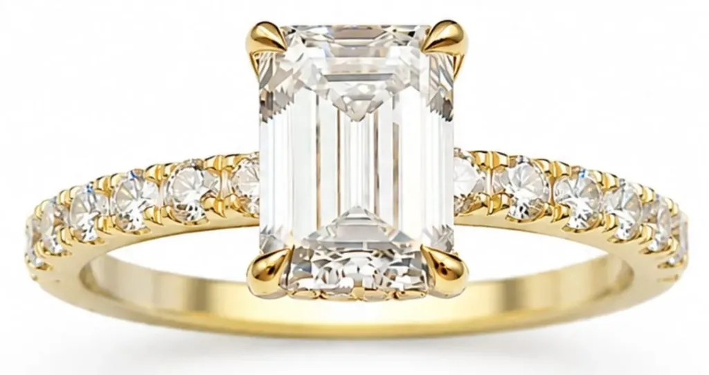 Emerald and round diamond ring
