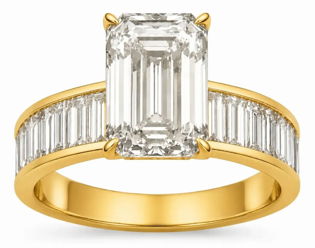 Emerald and baguette diamond ring